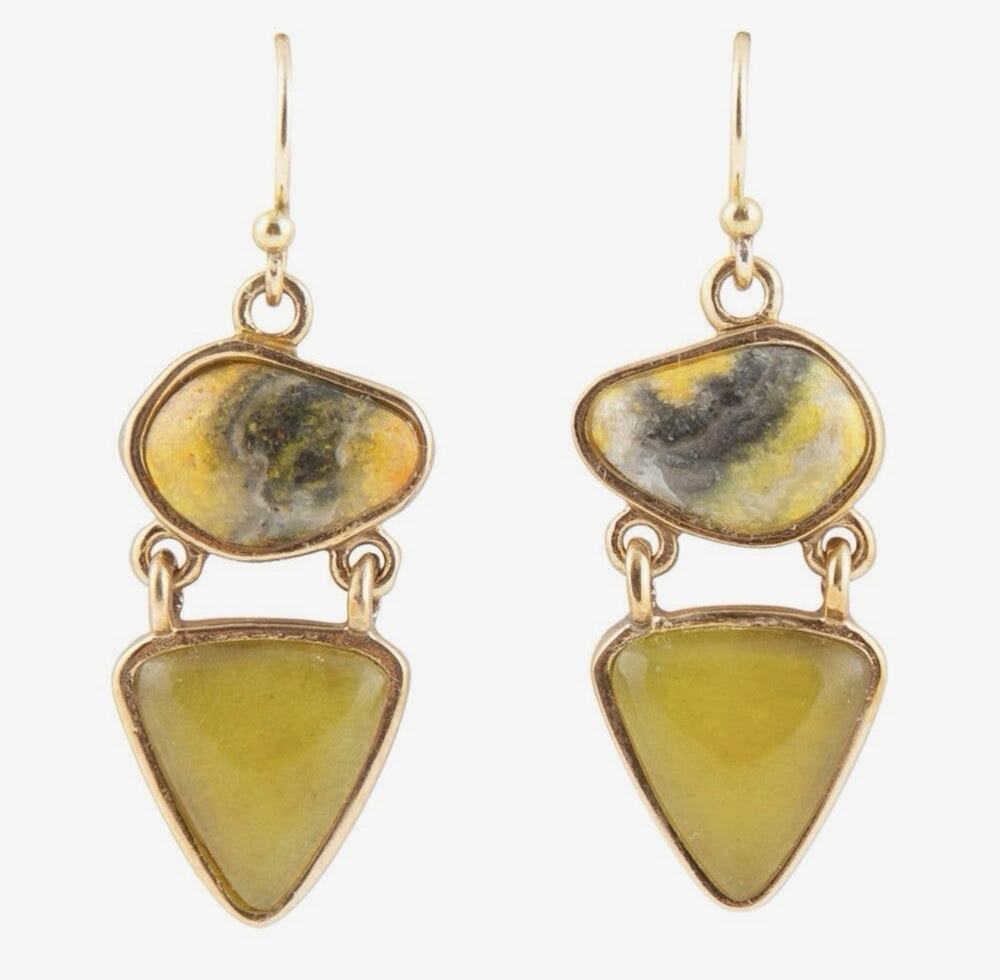 Barse Hinged Yellow Bumblebee Jasper Golden Drop Earrings NWT
